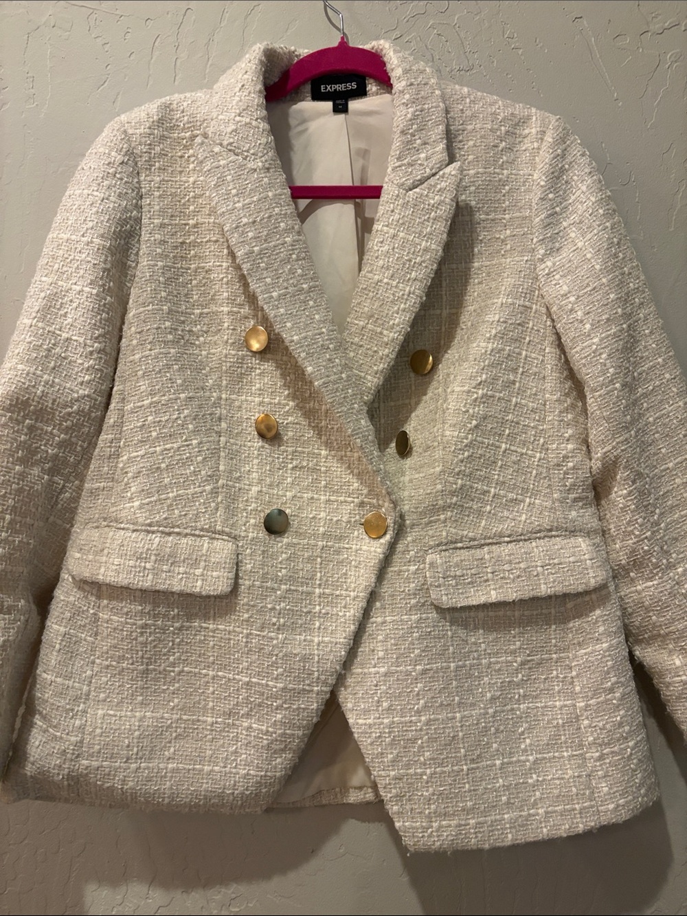 Express Cream Tweed Double-Breasted Blazer with Gold Buttons - Picture 5 of 9